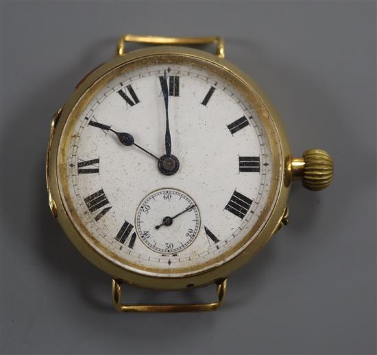 A gentlemans early 20th century 18ct gold manual wind wrist watch, with Roman dial and case back inscription,